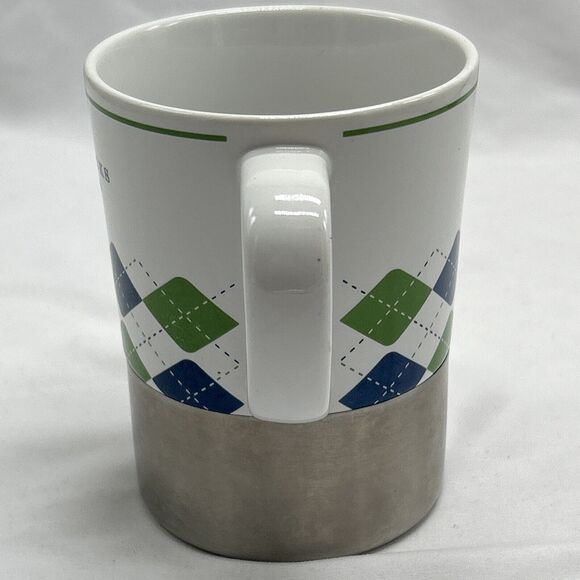 Starbucks 2006 White Green Blue Argyle Coffee Cup Mug Stainless Steel Base 14 Oz - Picture 4 of 9